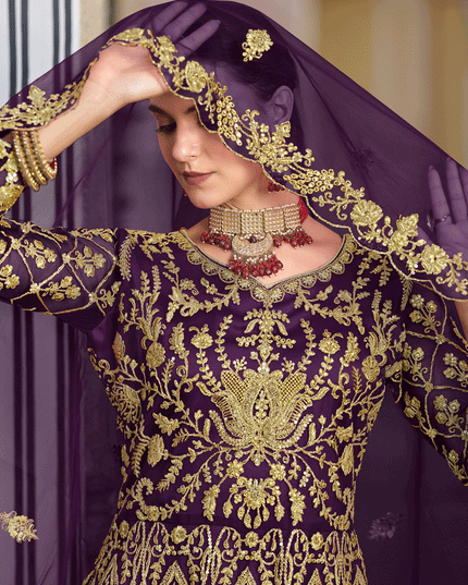 Purple Heavy Embrodiered Butterfly Net Anarkali Suit