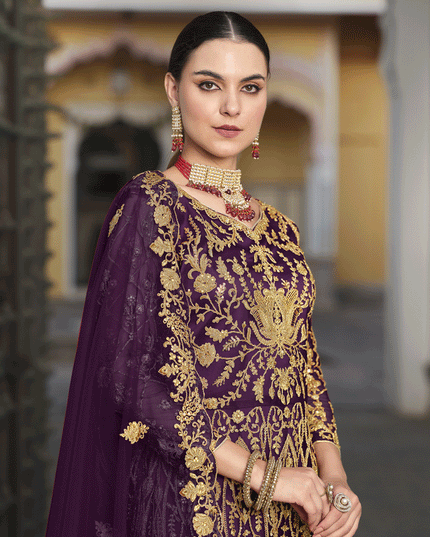 Purple Heavy Embrodiered Butterfly Net Anarkali Suit