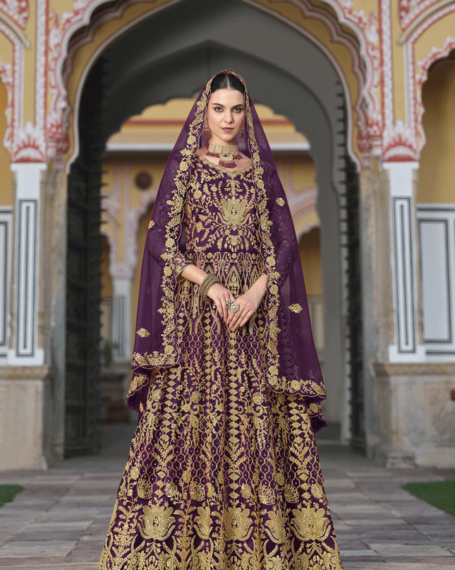 Purple Heavy Embrodiered Butterfly Net Anarkali Suit