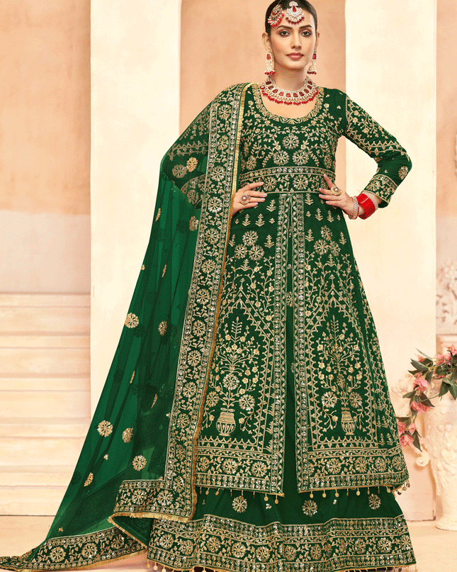 Green Embroidered Velvet Lehenga Kameez Suit