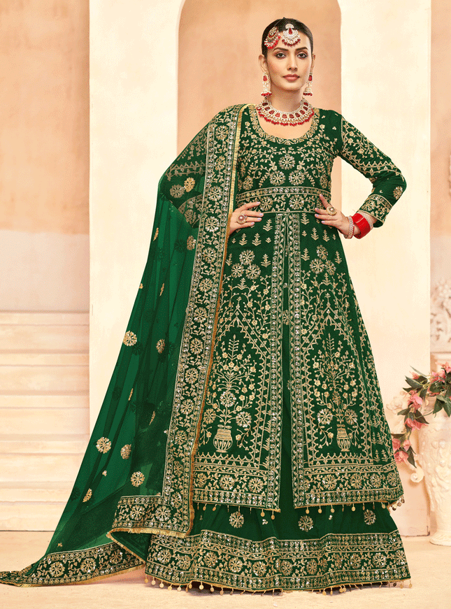 Green Embroidered Velvet Lehenga Kameez Suit