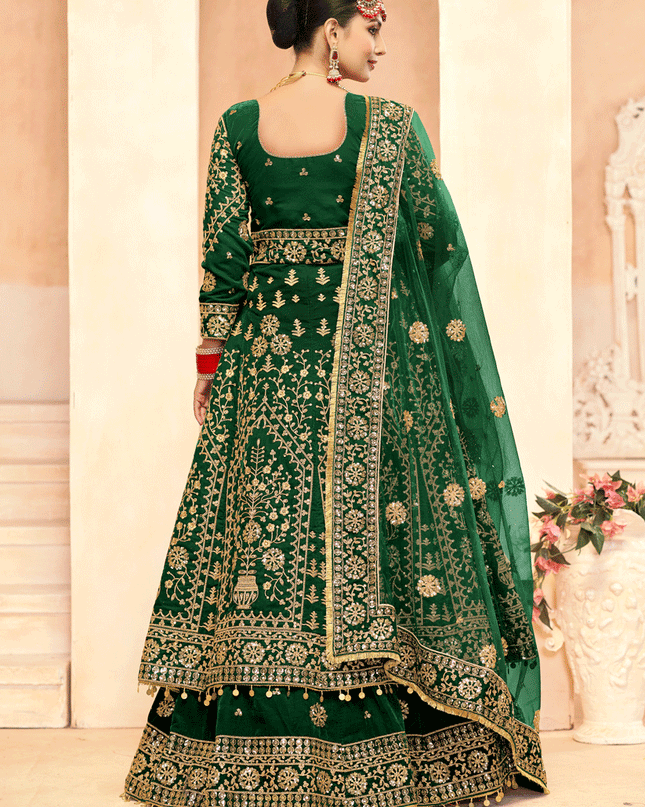 Green Embroidered Velvet Lehenga Kameez Suit