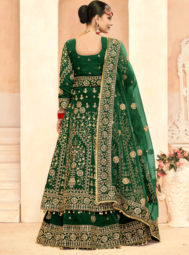 Green Embroidered Velvet Lehenga Kameez Suit