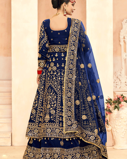 Navy Blue Embroidered Velvet Lehenga Kameez Suit