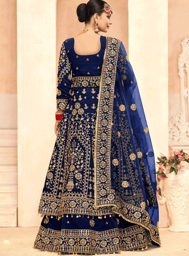 Navy Blue Embroidered Velvet Lehenga Kameez Suit