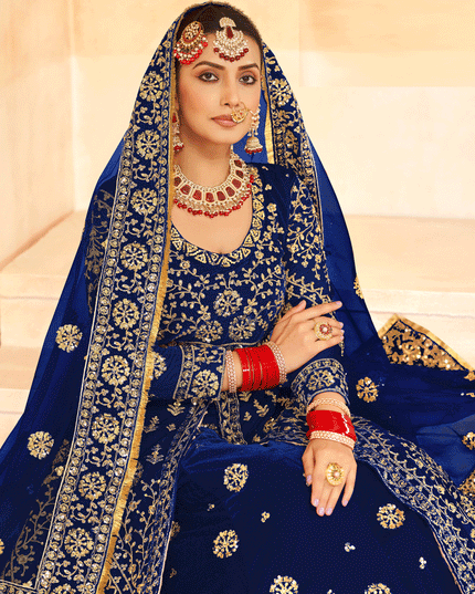 Navy Blue Embroidered Velvet Lehenga Kameez Suit