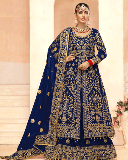 Navy Blue Embroidered Velvet Lehenga Kameez Suit