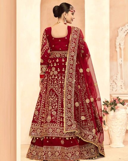 Maroon Embroidered Velvet Lehenga Kameez Suit