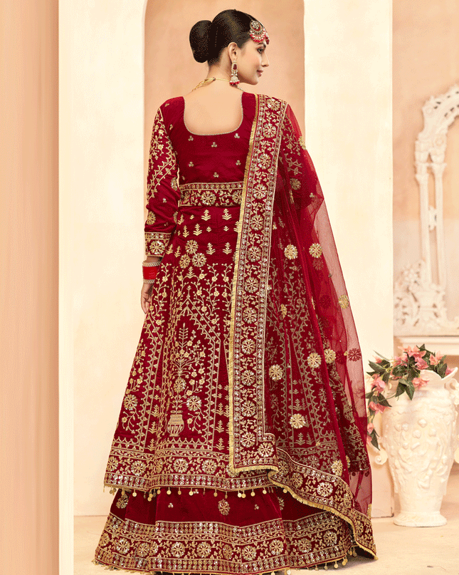 Maroon Embroidered Velvet Lehenga Kameez Suit