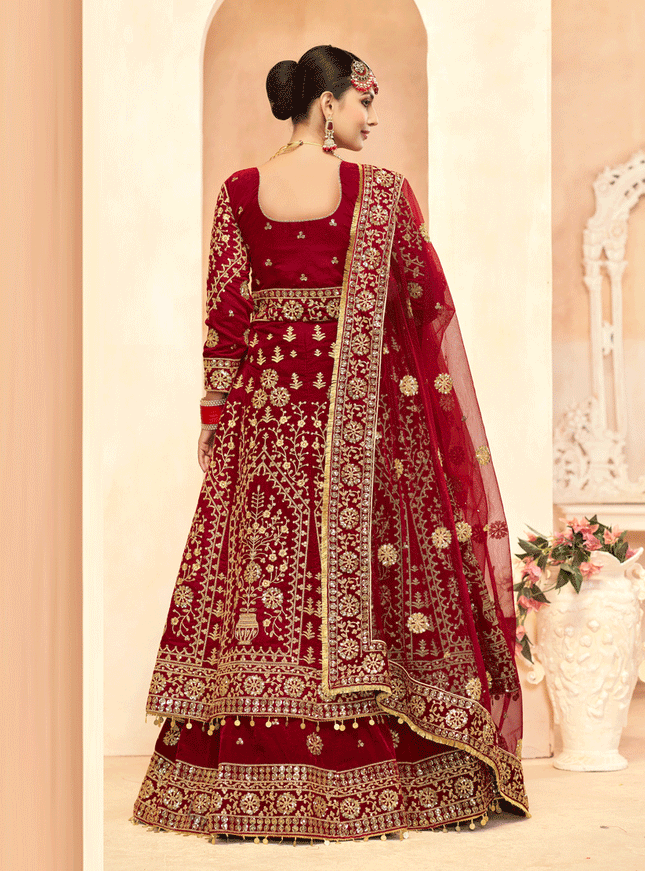 Maroon Embroidered Velvet Lehenga Kameez Suit