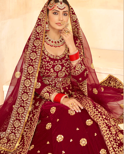 Maroon Embroidered Velvet Lehenga Kameez Suit