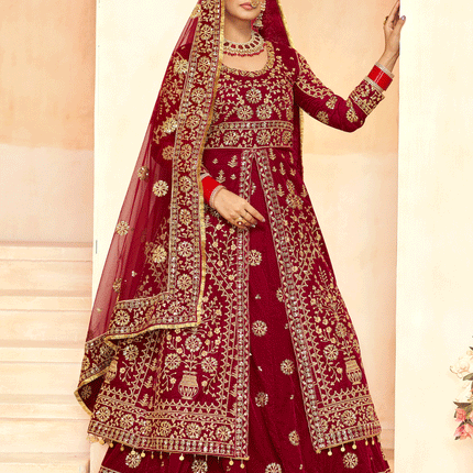Maroon Embroidered Velvet Lehenga Kameez Suit