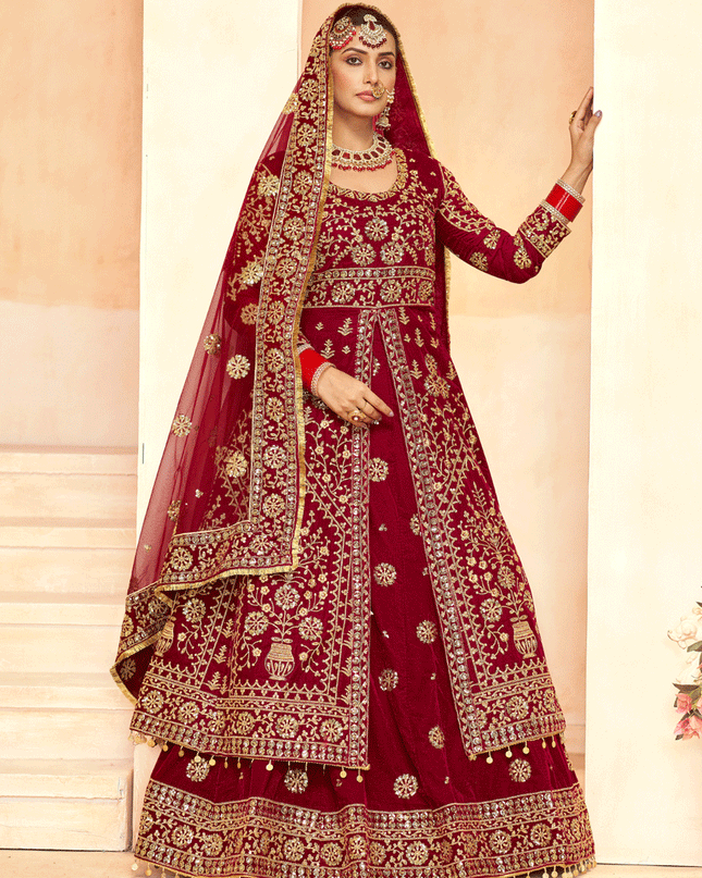 Maroon Embroidered Velvet Lehenga Kameez Suit