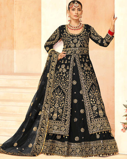 Black Embroidered Velvet Lehenga Kameez Suit