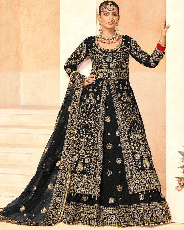 Black Embroidered Velvet Lehenga Kameez Suit