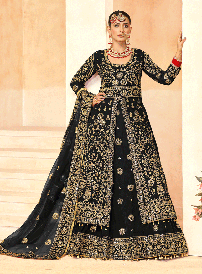 Black Embroidered Velvet Lehenga Kameez Suit