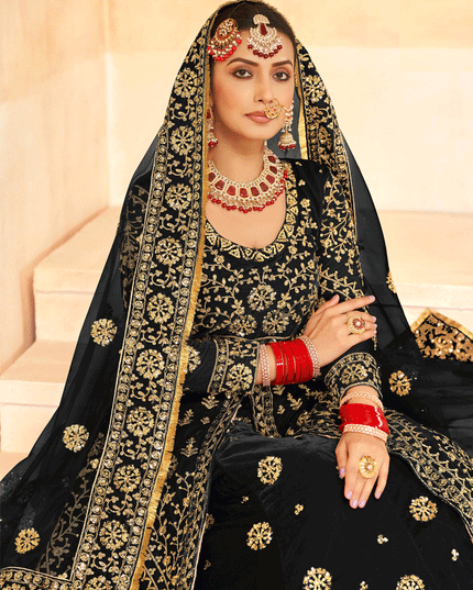 Black Embroidered Velvet Lehenga Kameez Suit