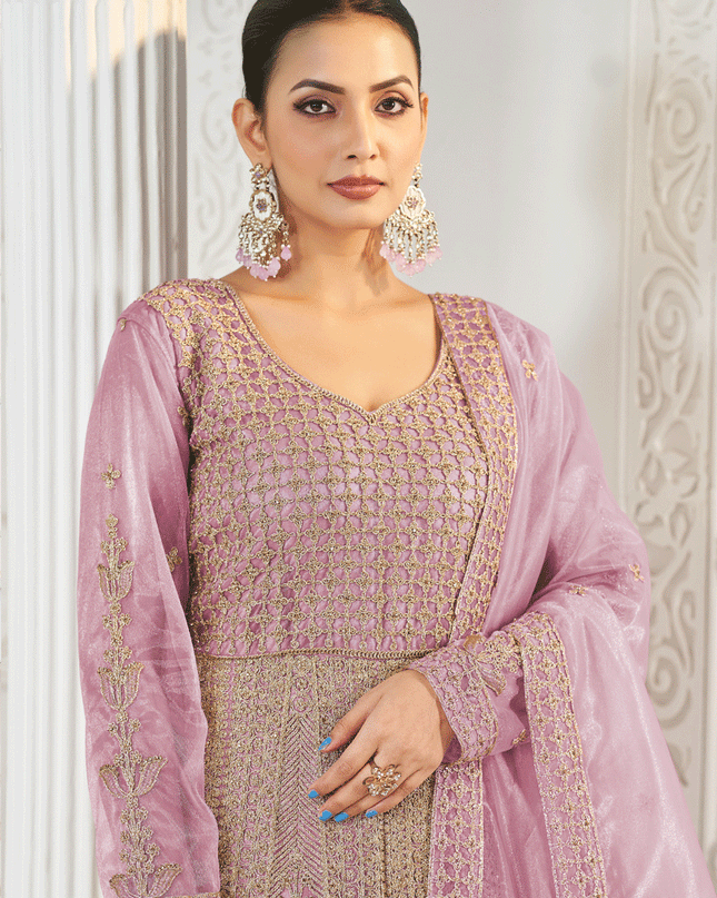 Lilac Pink Net Embroidered Anarkali Dress For Festival