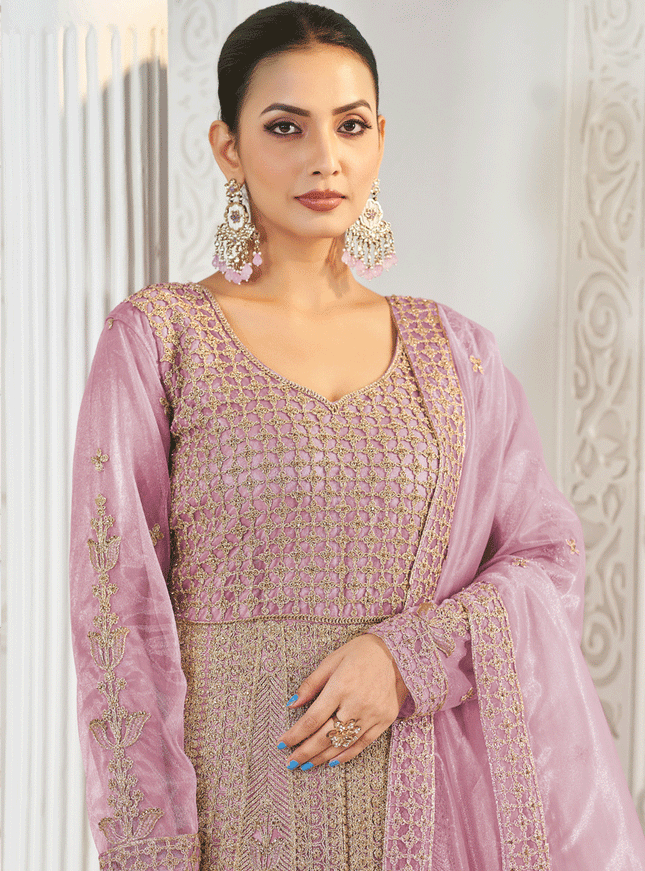 Lilac Pink Net Embroidered Anarkali Dress For Festival