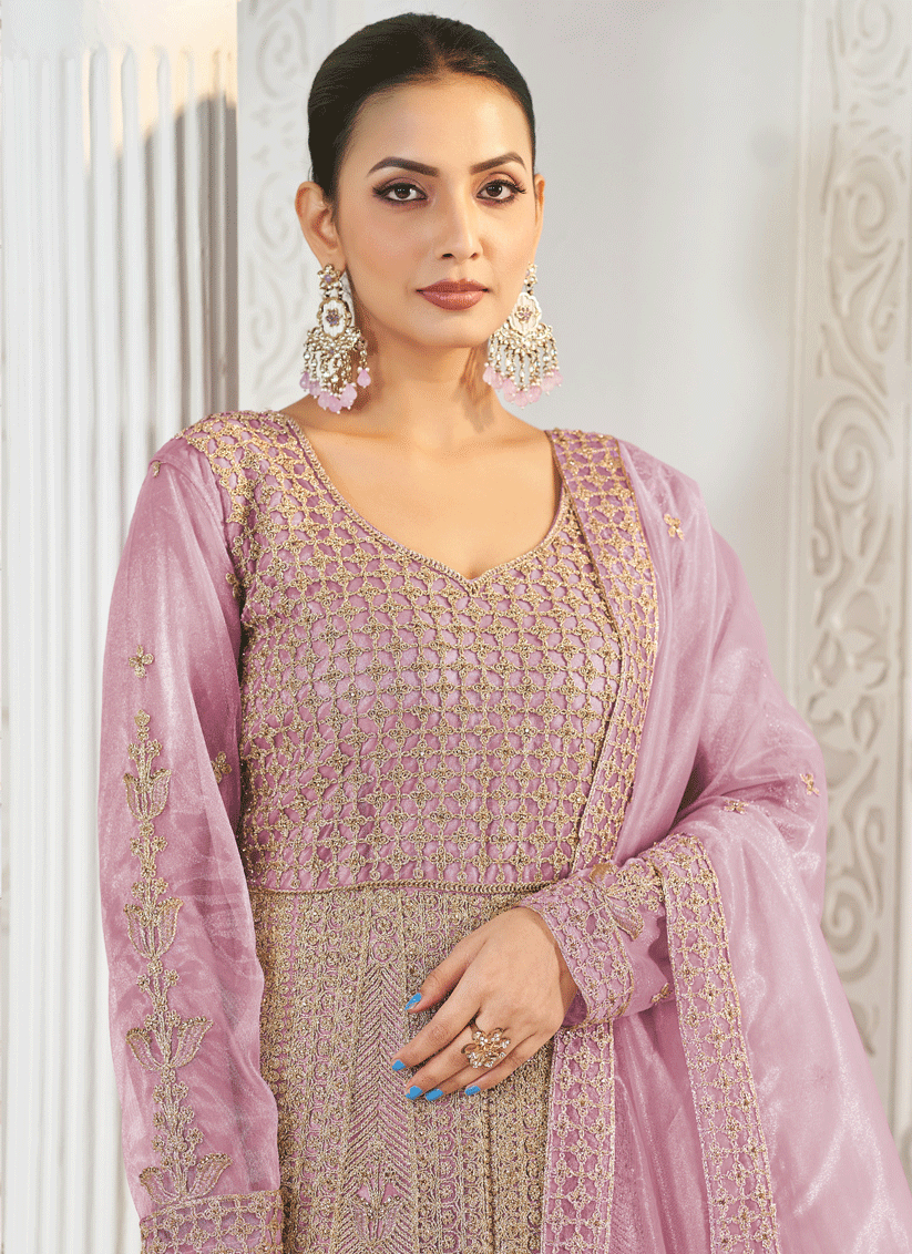 Lilac Pink Net Embroidered Anarkali Dress For Festival