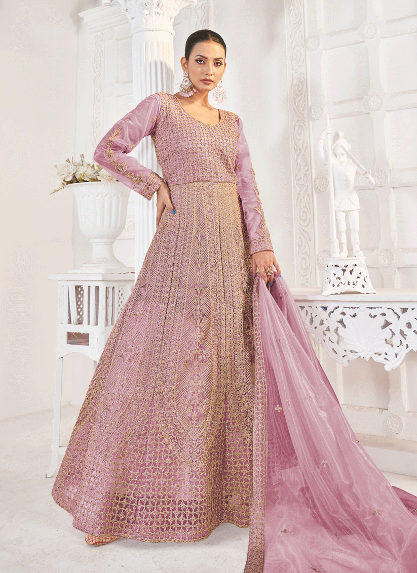 Lilac Pink Net Embroidered Anarkali Dress For Festival