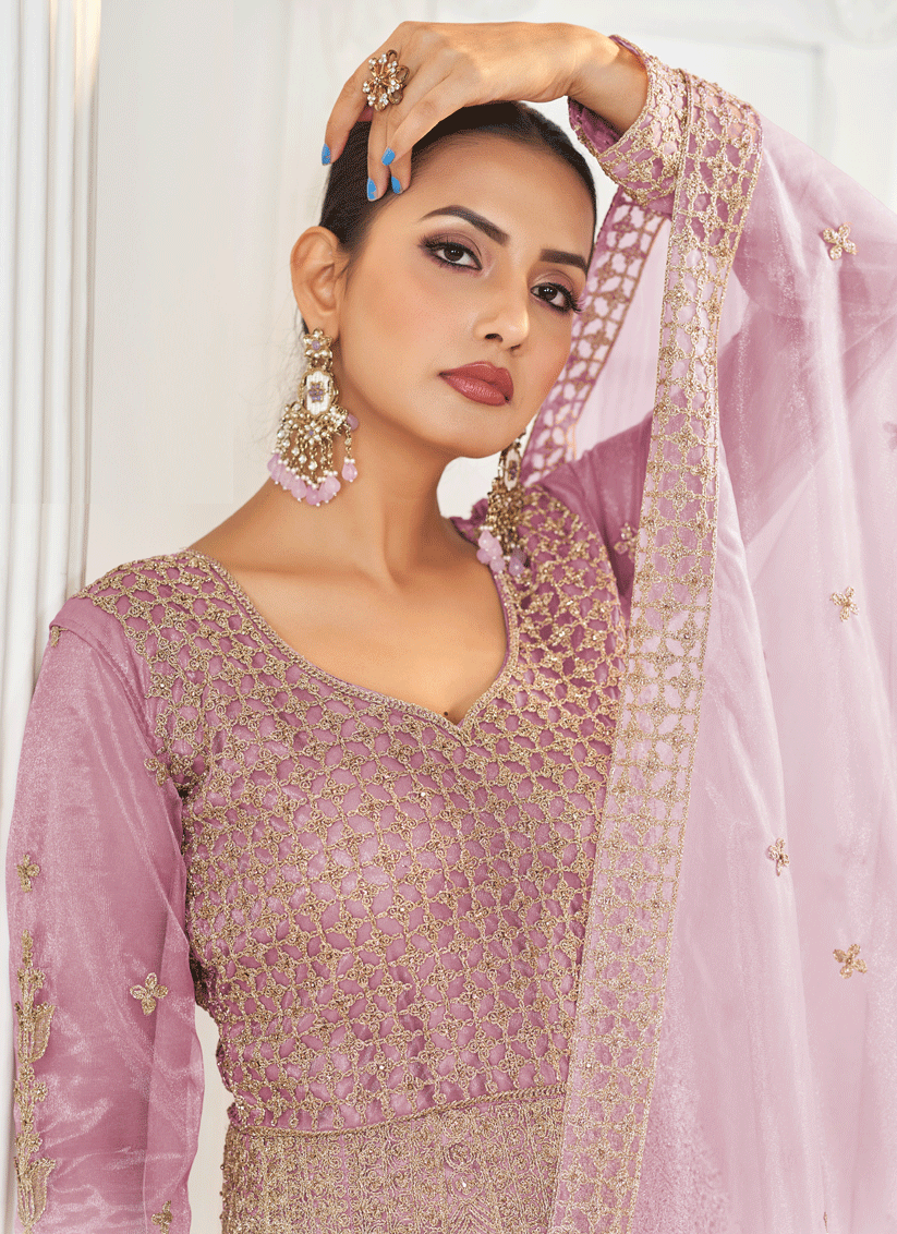 Lilac Pink Net Embroidered Anarkali Dress For Festival