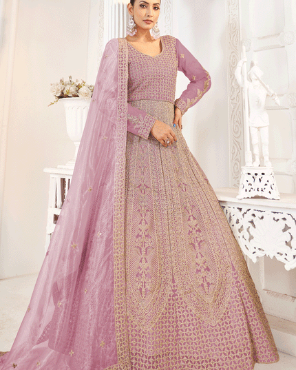 Lilac Pink Net Embroidered Anarkali Dress For Festival