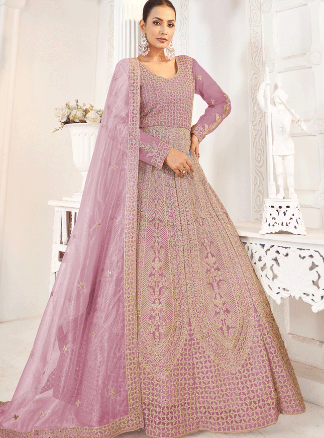 Lilac Pink Net Embroidered Anarkali Dress For Festival
