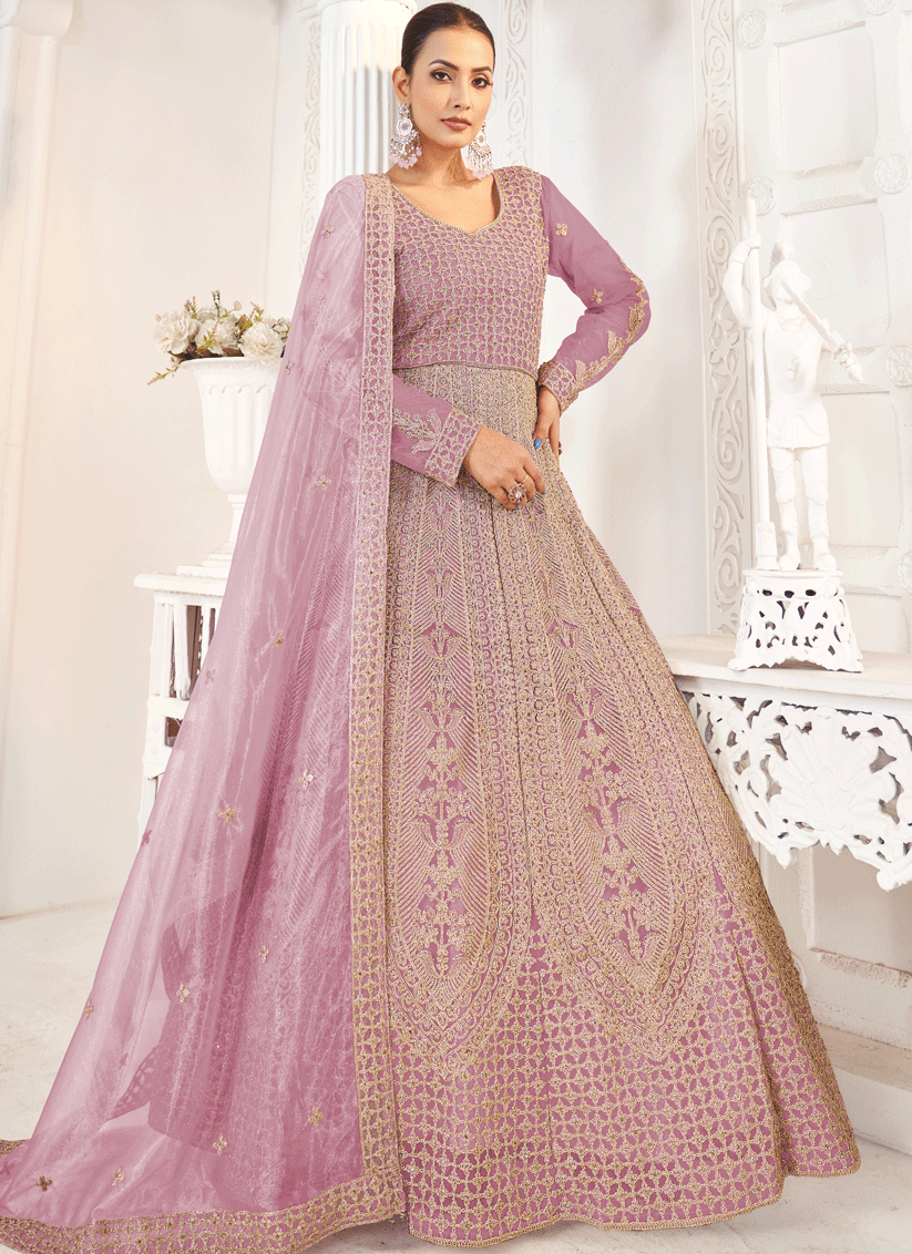 Lilac Pink Net Embroidered Anarkali Dress For Festival