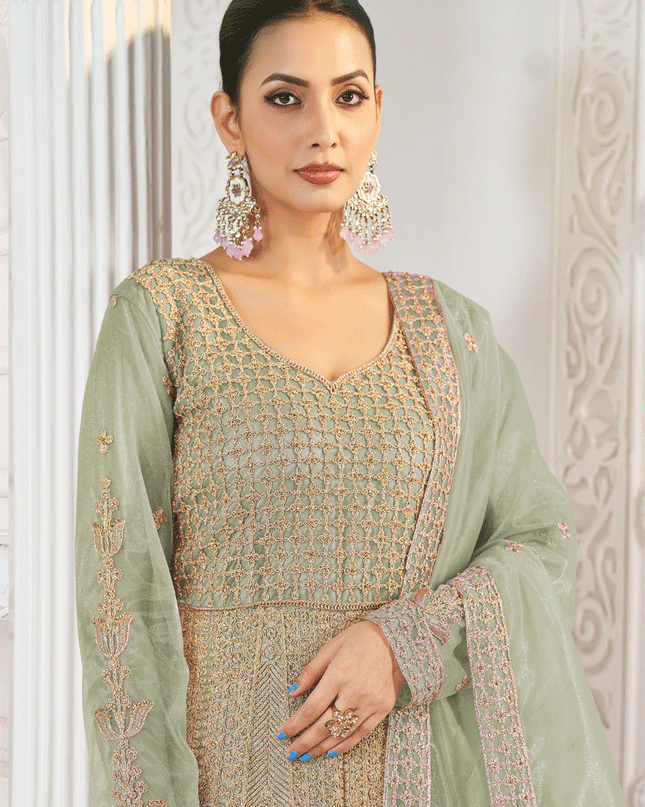 Pistachio Green Net Embroidered Anarkali Dress For Festival