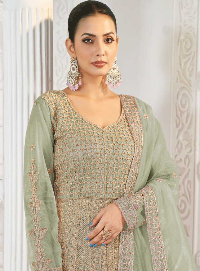 Pistachio Green Net Embroidered Anarkali Dress For Festival