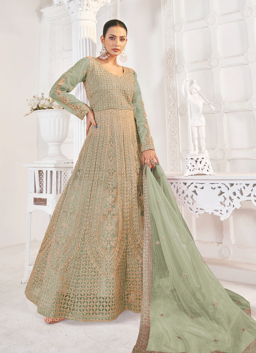 Pistachio Green Net Embroidered Anarkali Dress For Festival