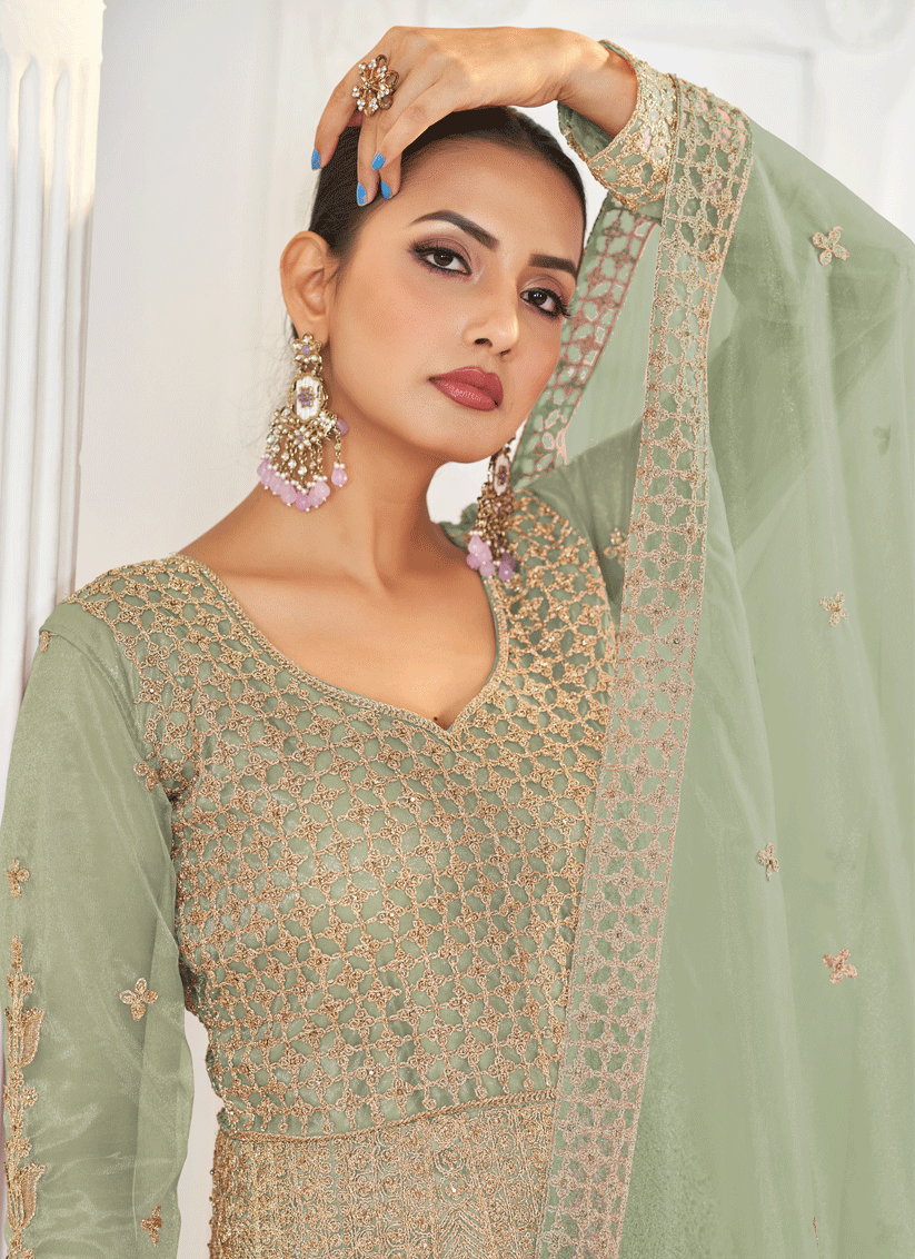 Pistachio Green Net Embroidered Anarkali Dress For Festival