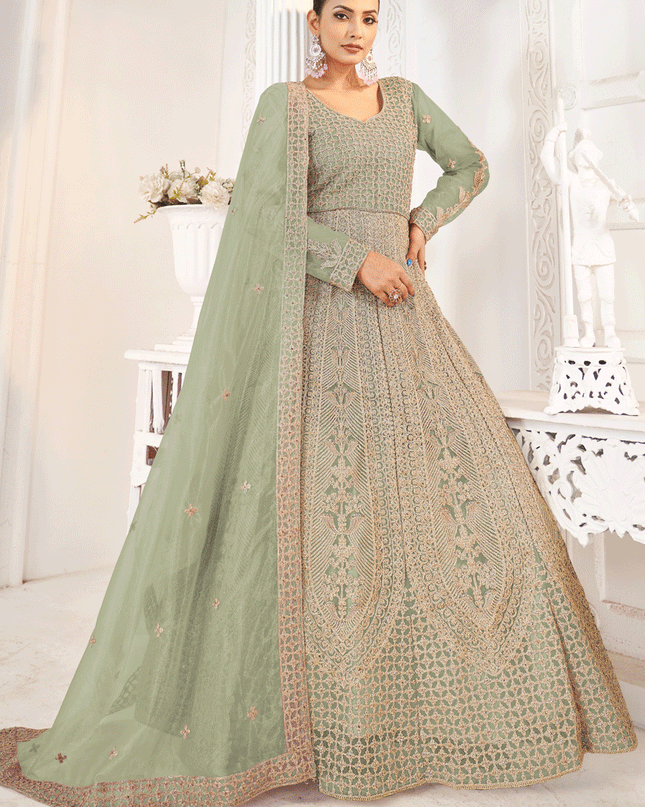 Pistachio Green Net Embroidered Anarkali Dress For Festival
