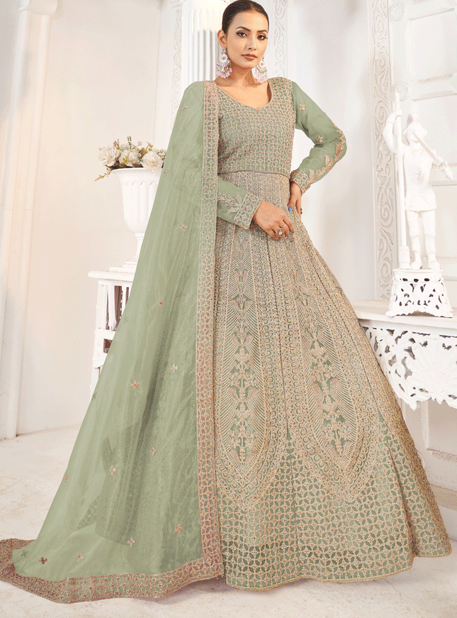 Pistachio Green Net Embroidered Anarkali Dress For Festival