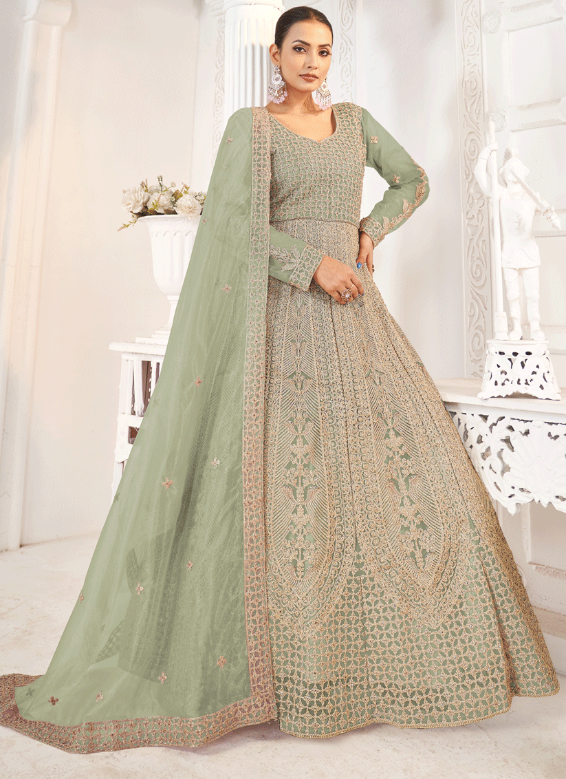 Pistachio Green Net Embroidered Anarkali Dress For Festival