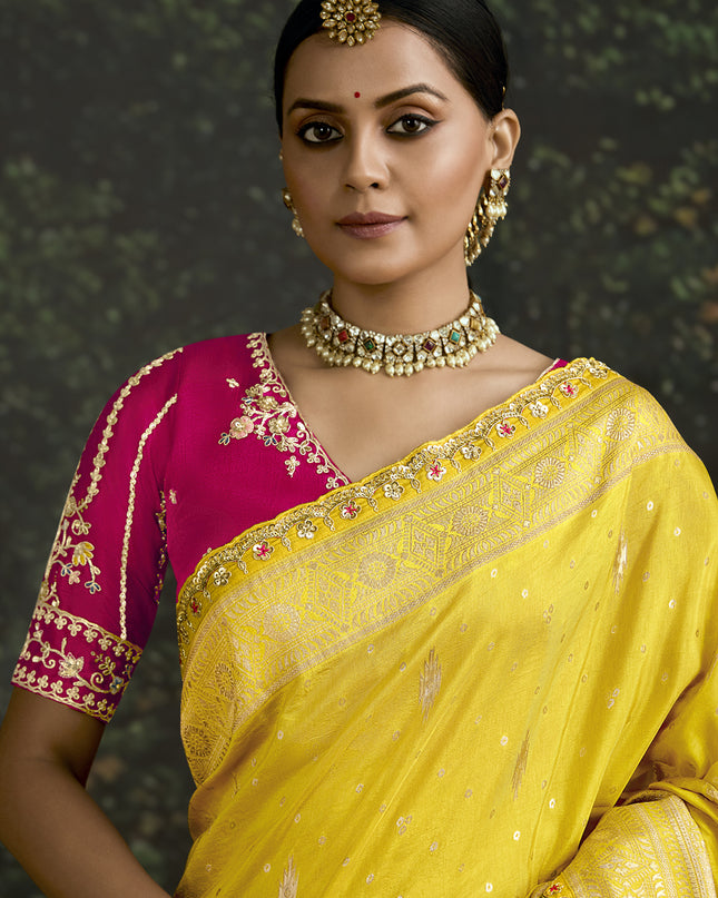 Fashionable Lemon Yellow Dola Silk Embroidered Wedding Saree