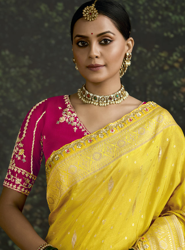 Fashionable Lemon Yellow Dola Silk Embroidered Wedding Saree