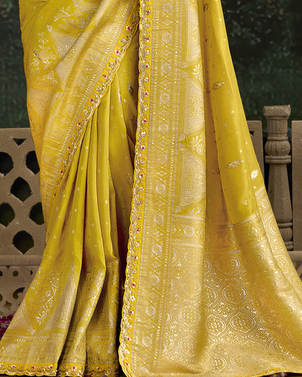 Fashionable Lemon Yellow Dola Silk Embroidered Wedding Saree