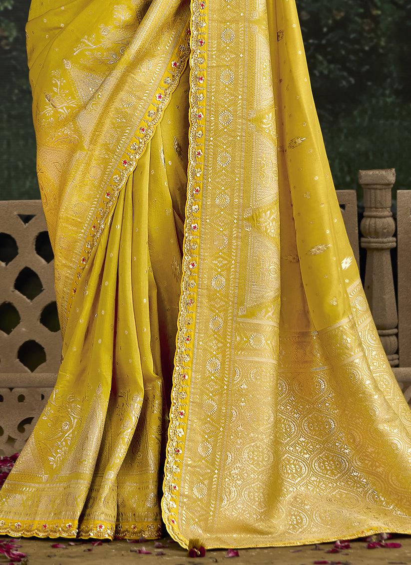 Fashionable Lemon Yellow Dola Silk Embroidered Wedding Saree