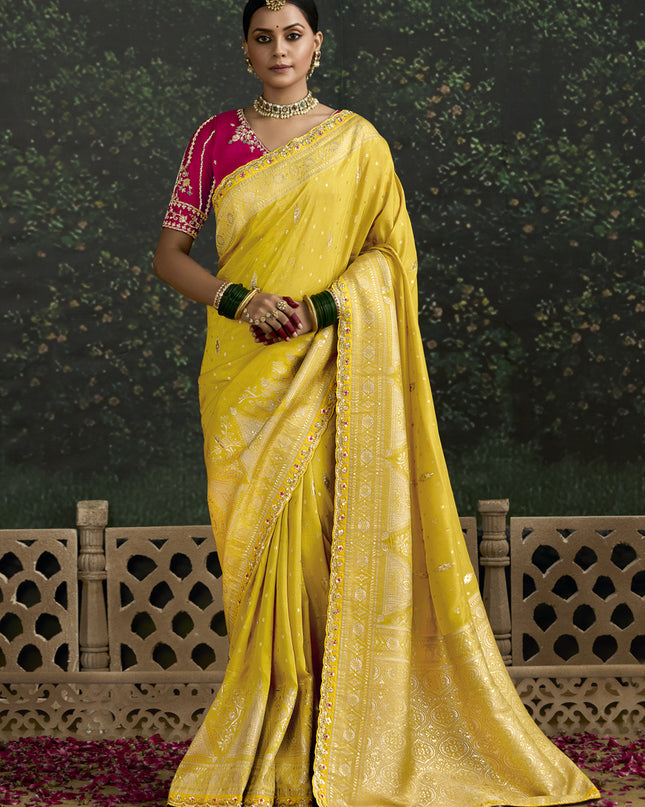 Fashionable Lemon Yellow Dola Silk Embroidered Wedding Saree