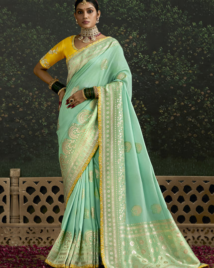 Voguish Turquoise Dola Silk Embroidered Wedding Saree