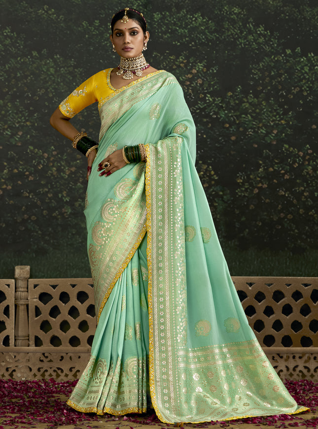 Voguish Turquoise Dola Silk Embroidered Wedding Saree