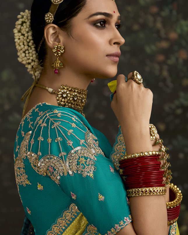 Trendsetting Chartreuse Dola Silk Embroidered Wedding Saree