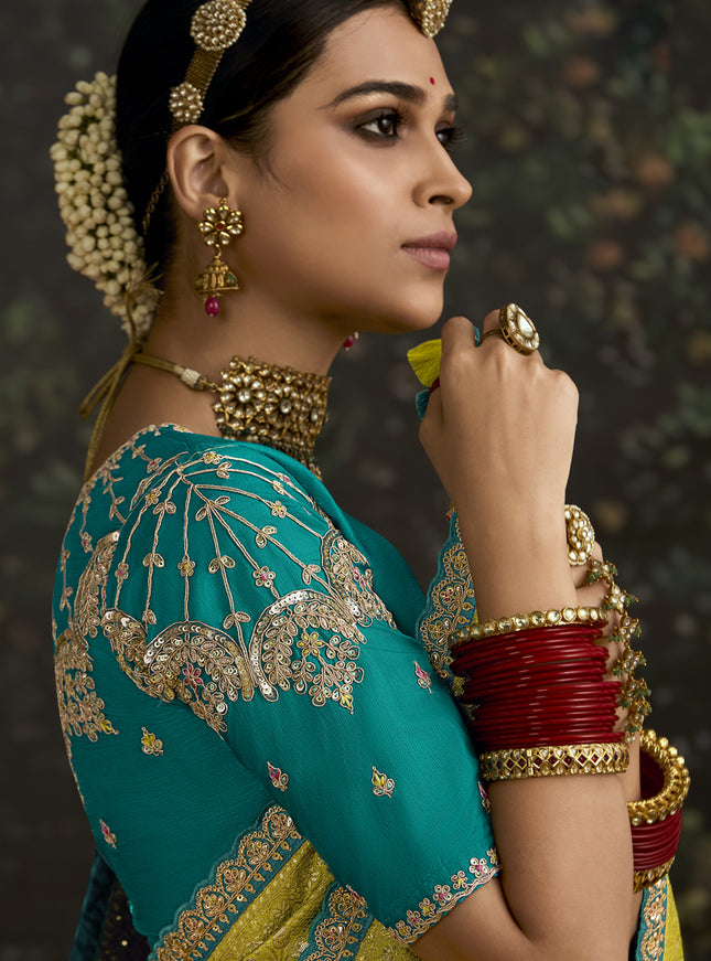 Trendsetting Chartreuse Dola Silk Embroidered Wedding Saree