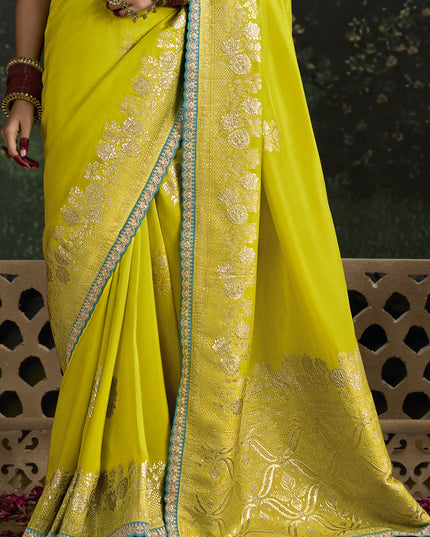 Trendsetting Chartreuse Dola Silk Embroidered Wedding Saree