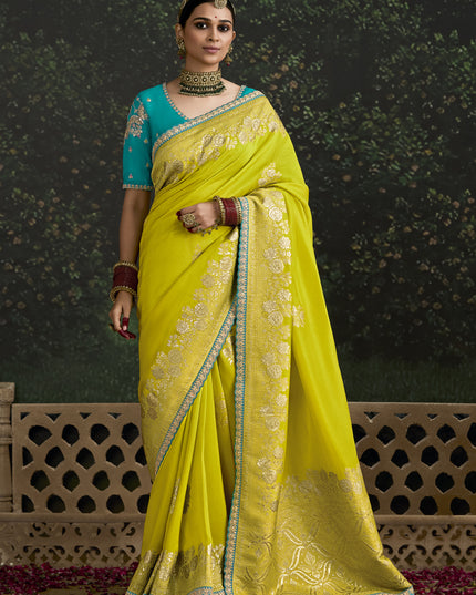 Trendsetting Chartreuse Dola Silk Embroidered Wedding Saree
