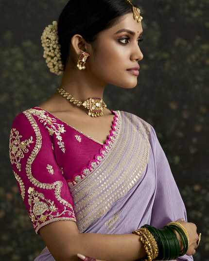 Immaculate Lavender Dola Silk Embroidered Wedding Saree