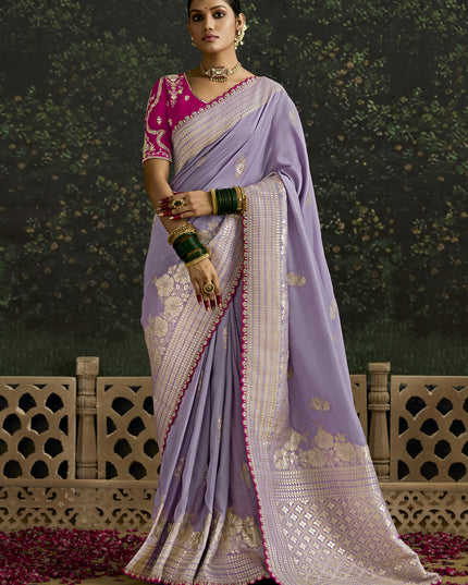 Immaculate Lavender Dola Silk Embroidered Wedding Saree