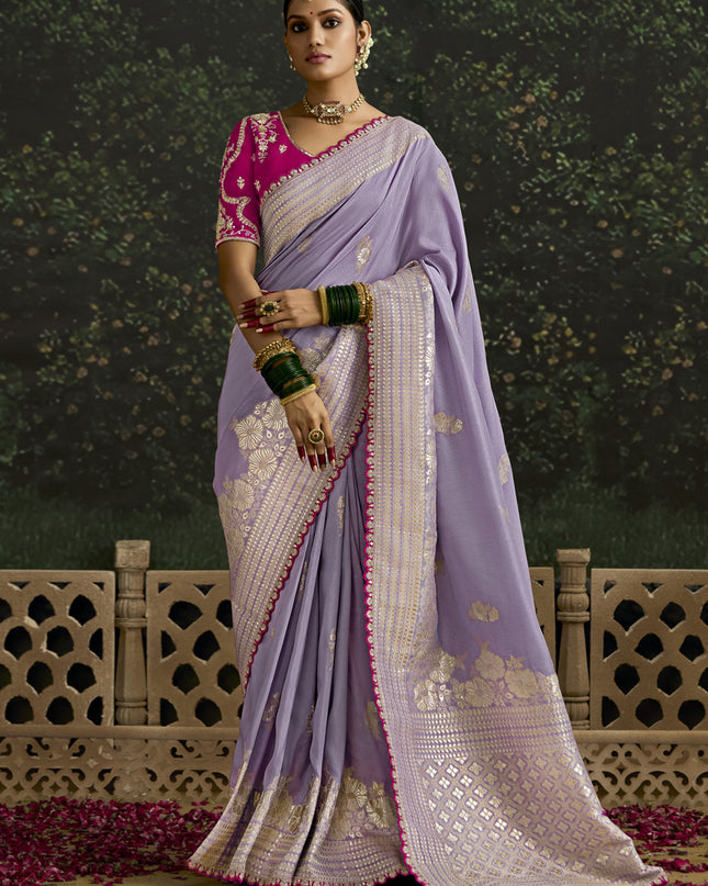 Immaculate Lavender Dola Silk Embroidered Wedding Saree